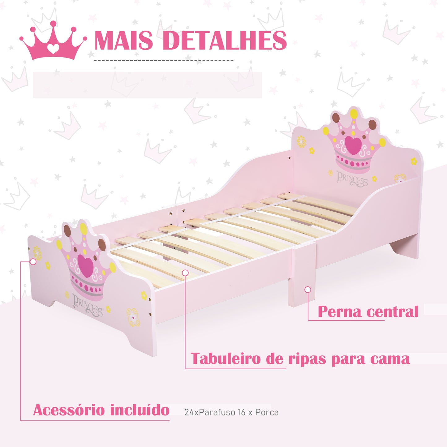 HOMCOM Cama de Criança +3 anos 143x73x60 cm Cama de Criança em Madeira com Estampado de Coroa Carga 50 kg para Quarto Rosa