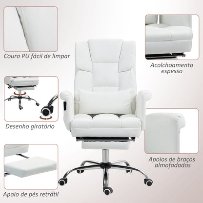 HOMCOM Cadeira de Massagem com 6 Pontos de Massagem Cadeira de Escritório com Apoio para os Pés Retrátil Altura Ajustável Controlo Remoto e Suporte Lombar Estofado em PU 69x65x107-115 cm Branco