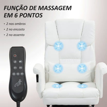 HOMCOM Cadeira de Massagem com 6 Pontos de Massagem Cadeira de Escritório com Apoio para os Pés Retrátil Altura Ajustável Controlo Remoto e Suporte Lombar Estofado em PU 69x65x107-115 cm Branco