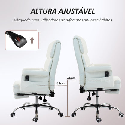 HOMCOM Cadeira de Massagem com 6 Pontos de Massagem Cadeira de Escritório com Apoio para os Pés Retrátil Altura Ajustável Controlo Remoto e Suporte Lombar Estofado em PU 69x65x107-115 cm Branco