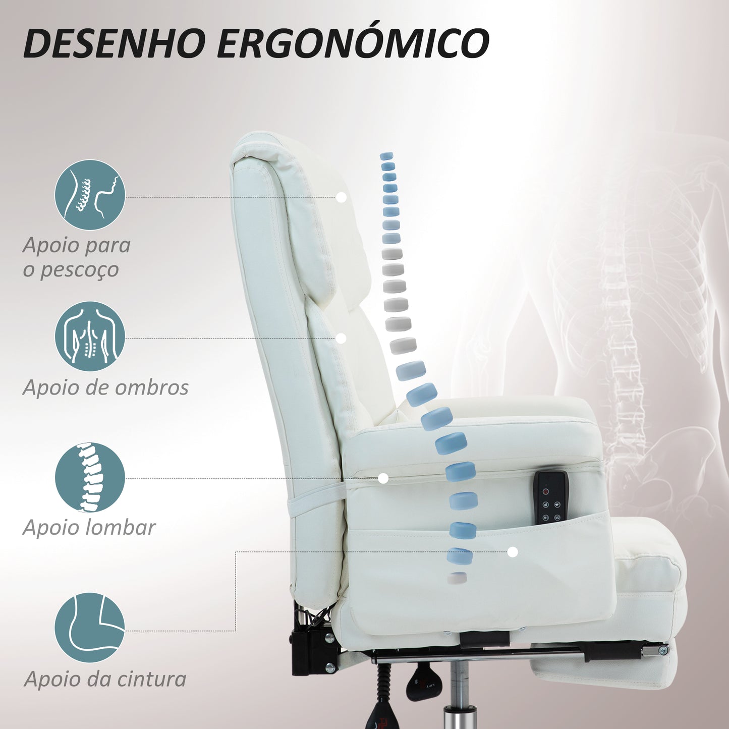 HOMCOM Cadeira de Massagem com 6 Pontos de Massagem Cadeira de Escritório com Apoio para os Pés Retrátil Altura Ajustável Controlo Remoto e Suporte Lombar Estofado em PU 69x65x107-115 cm Branco