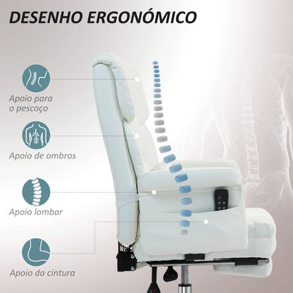 HOMCOM Cadeira de Massagem com 6 Pontos de Massagem Cadeira de Escritório com Apoio para os Pés Retrátil Altura Ajustável Controlo Remoto e Suporte Lombar Estofado em PU 69x65x107-115 cm Branco