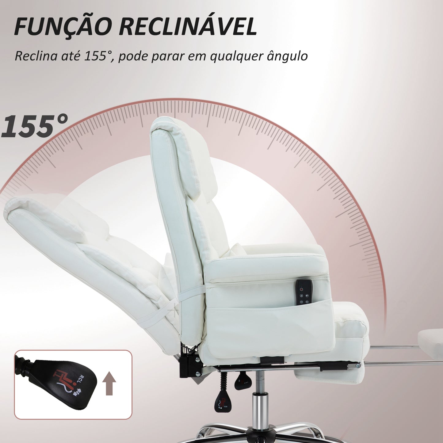 HOMCOM Cadeira de Massagem com 6 Pontos de Massagem Cadeira de Escritório com Apoio para os Pés Retrátil Altura Ajustável Controlo Remoto e Suporte Lombar Estofado em PU 69x65x107-115 cm Branco