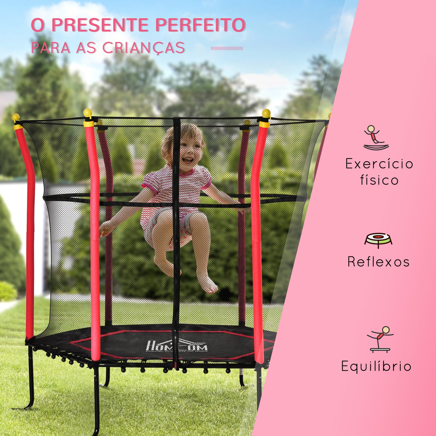 HOMCOM Trampolim para Crianças acima de 3 Anos Cama Elástica Infantil com Superfície de Salto Ø120 cm Rede de Segurança e Estrutura de Aço para Interiores e Exteriores Carga 50kg Ø160x163,5 cm Vermelho