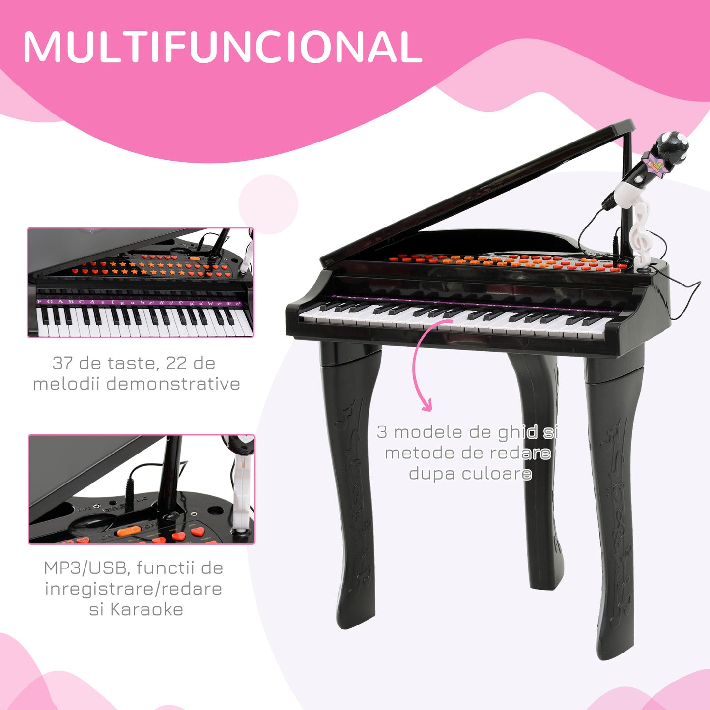 HOMCOM Piano para Crianças com 37 Teclas Piano Infantil com Microfone Banco Luzes 22 Músicas e Entrada para MP3 e USB 48x39x69 cm Preto