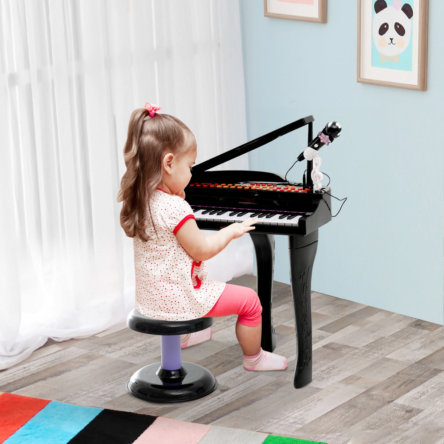 HOMCOM Piano para Crianças com 37 Teclas Piano Infantil com Microfone Banco Luzes 22 Músicas e Entrada para MP3 e USB 48x39x69 cm Preto