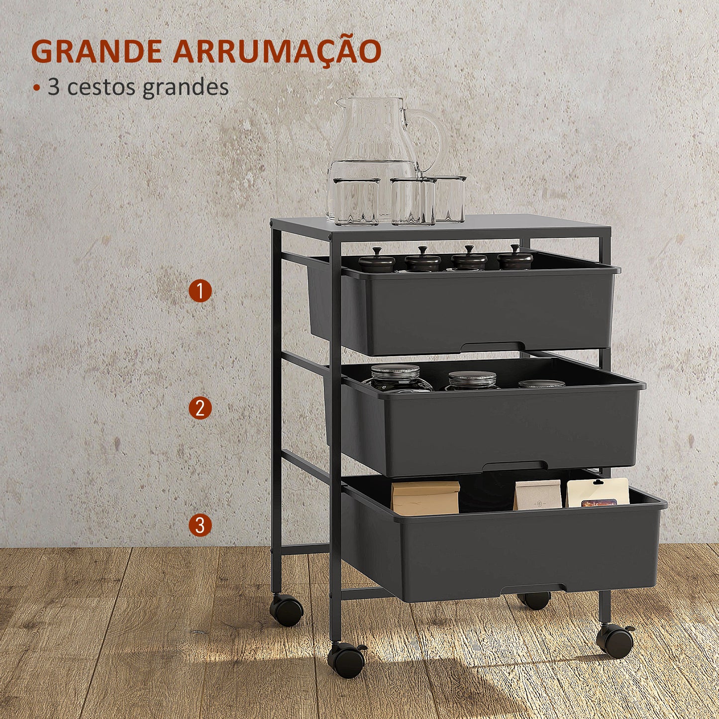 HOMCOM Carrinho Auxiliar com Rodas Carrinho de Cozinha de 3 Níveis com 3 Cestos para Armazenamento e Estrutura de Aço para Sala de Jantar Banheiro 40,8x33,5x60,5 cm Preto