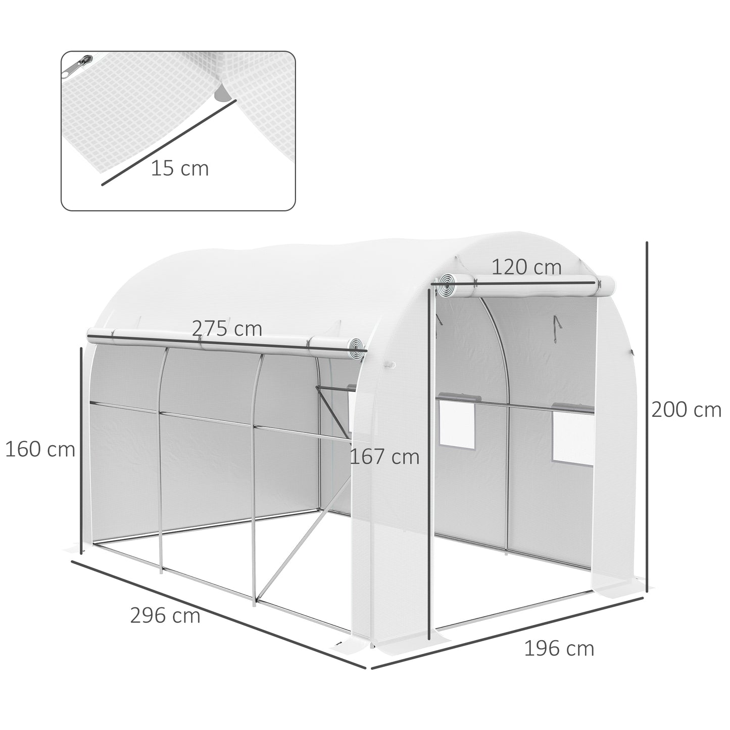 Outsunny Estufa Tipo Túnel 3x2x2 m Estufa de Jardim com 3 Portas e 6 Janelas Enroláveis Estufa com Teto Curvo para Cultivo de Plantas Flores Branco