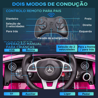 AIYAPLAY Carro Elétrico Mercedes SLC 300 12V para Crianças de 3-6 Anos com Controlo Remoto Faróis LED Buzina Música TF USB e Abertura da Porta 3-5km/h 107x62,5x44cm Rosa