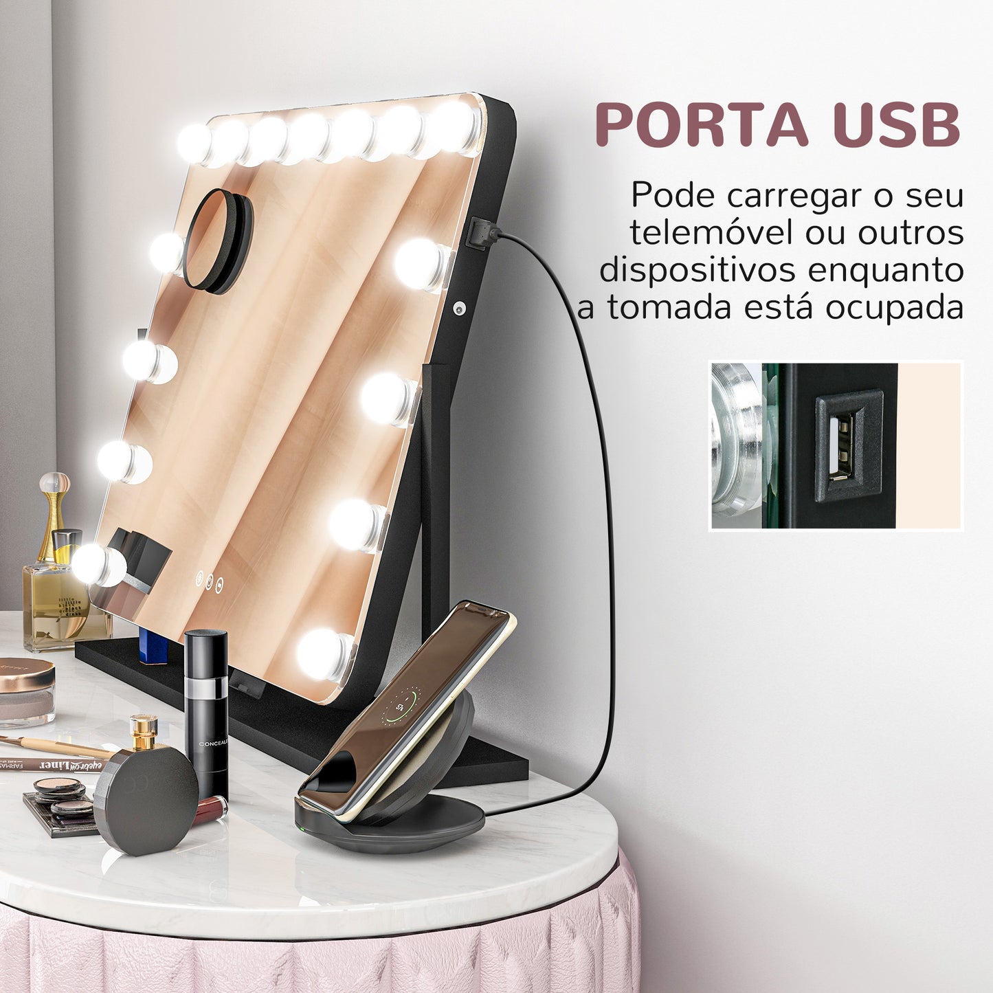 HOMCOM Espelho de Maquilhagem Estilo Hollywood com Luzes Espelho de Toucador Giratório 58x46 cm com 14 Lâmpadas LED 3 Modos de Iluminação Ajustáveis Interruptor Tátil Suporte para Telemóvel e Entrada USB Preto