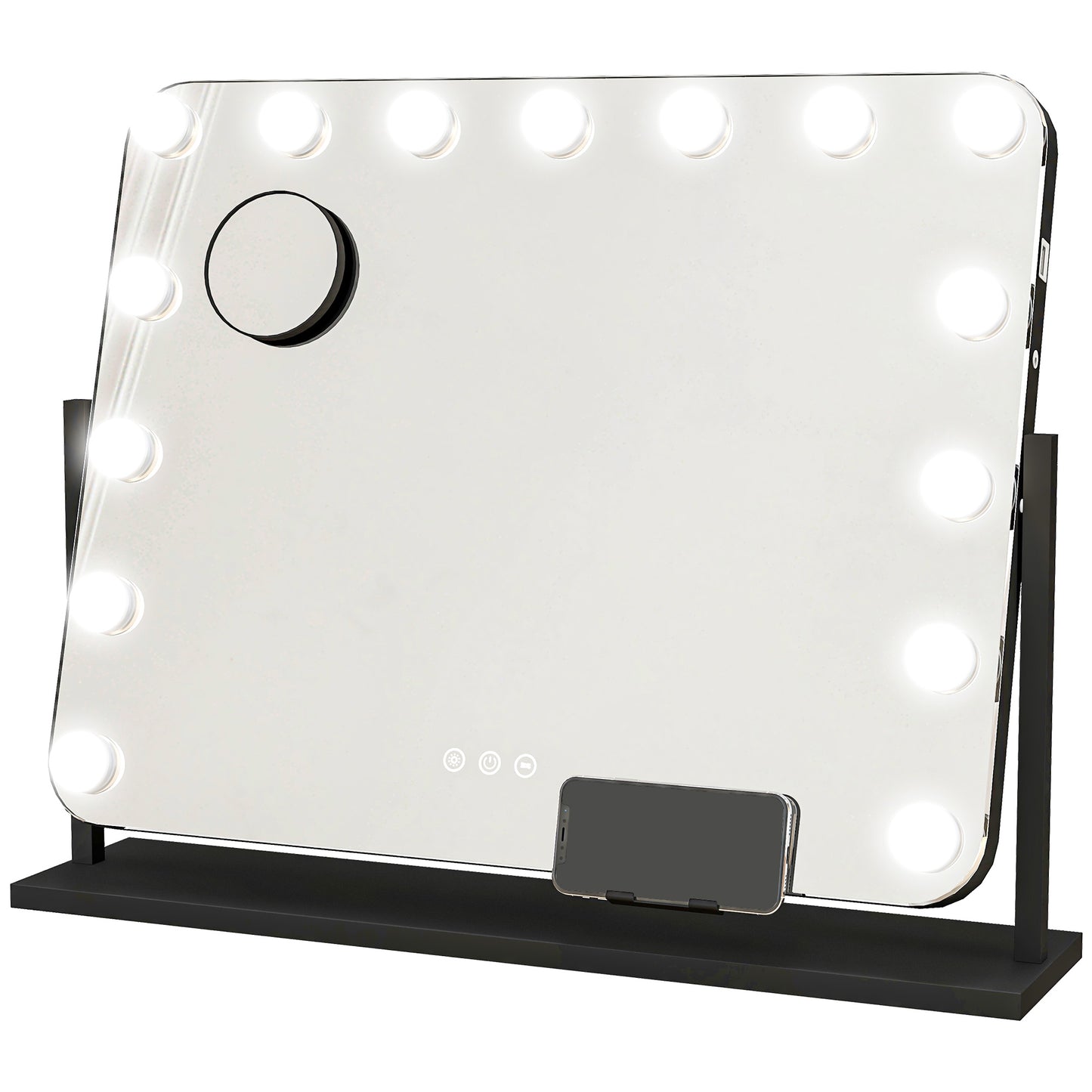 HOMCOM Espelho de Maquilhagem Estilo Hollywood com Luzes Espelho de Toucador Giratório 58x46 cm com 14 Lâmpadas LED 3 Modos de Iluminação Ajustáveis Interruptor Tátil Suporte para Telemóvel e Entrada USB Preto