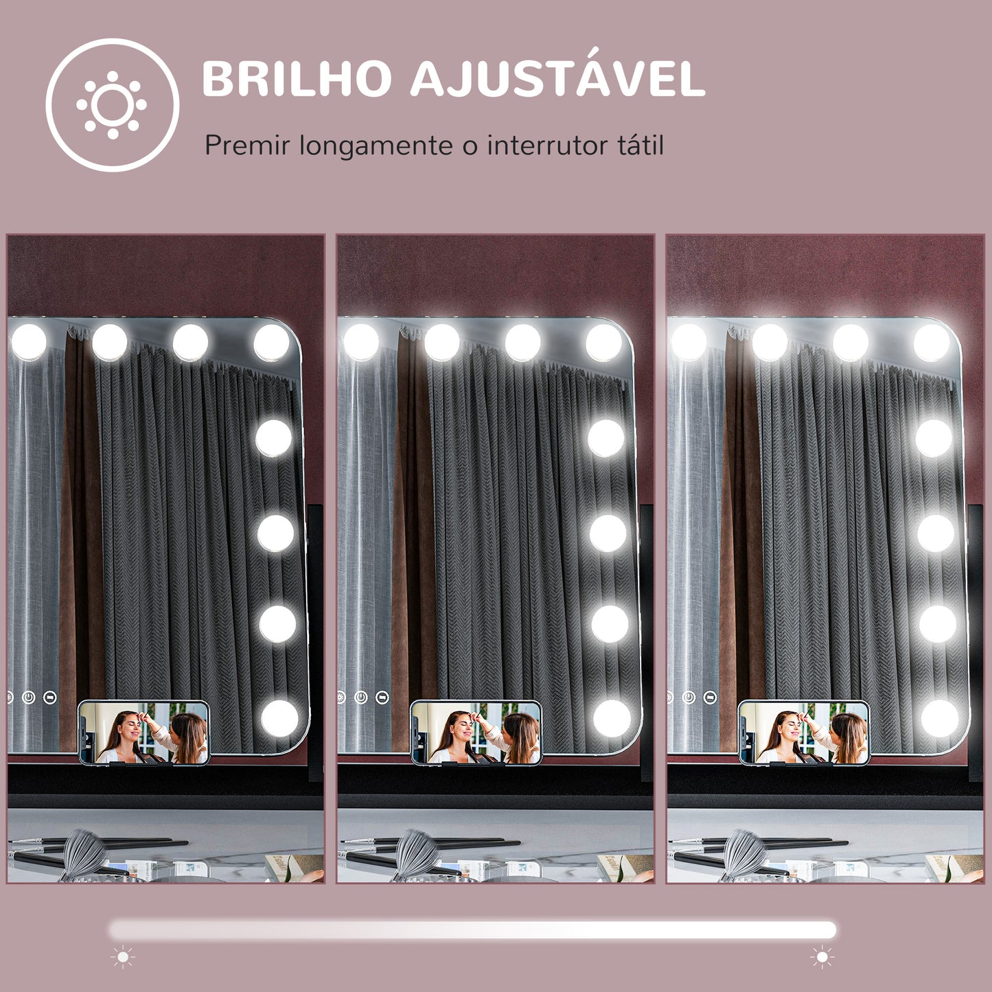 HOMCOM Espelho de Maquilhagem Estilo Hollywood com Luzes Espelho de Toucador Giratório 58x46 cm com 14 Lâmpadas LED 3 Modos de Iluminação Ajustáveis Interruptor Tátil Suporte para Telemóvel e Entrada USB Preto