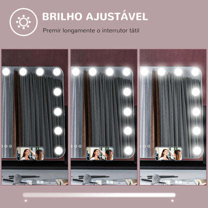 HOMCOM Espelho de Maquilhagem Estilo Hollywood com Luzes Espelho de Toucador Giratório 58x46 cm com 14 Lâmpadas LED 3 Modos de Iluminação Ajustáveis Interruptor Tátil Suporte para Telemóvel e Entrada USB Preto