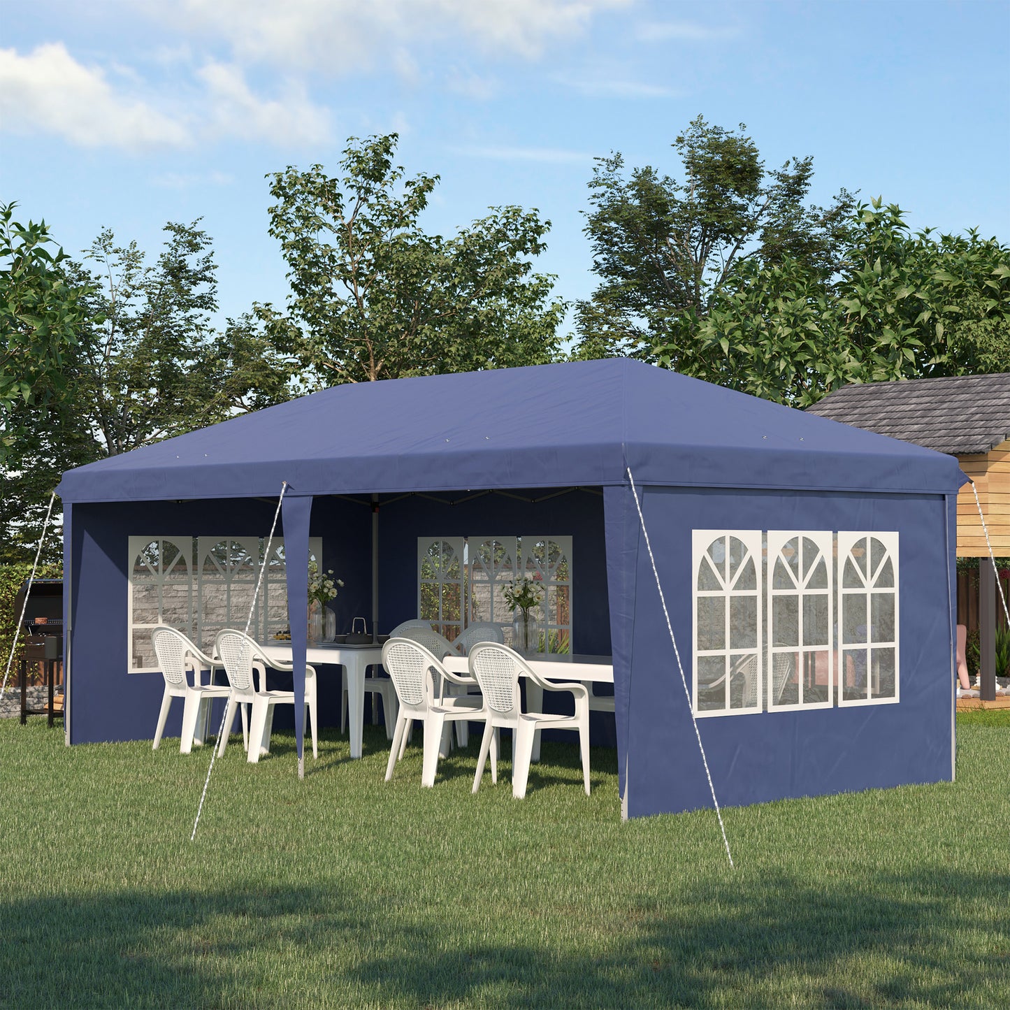 Outsunny Tenda Dobrável 585x295x270 cm com 4 Paredes Laterais Amovíveis Tenda de Jardim com 4 Janelas e Bolsa de Transporte para Pátio Exterior Azul