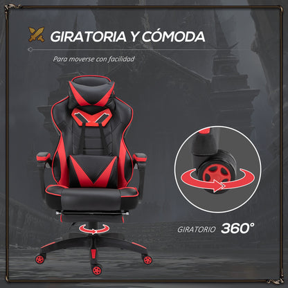 Vinsetto Cadeira de escritorio gaming ergonômica Altura ajustável Reclinável Encosto com apoio para pés Encosto de cabeça Almofada lombar Rodas 65x70x118,5-126,5 cm Vermelho e Preto