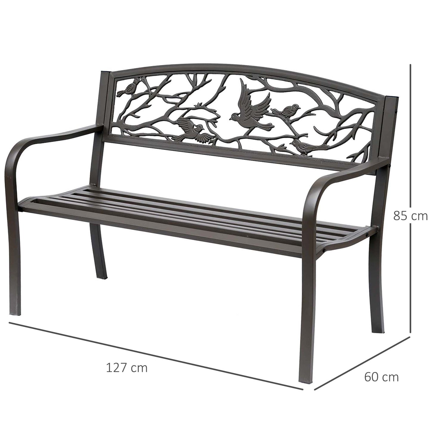 Outsunny Banco de Jardim de Aço Banco de Exterior com Apoio para os Braços e Encosto Decorativo Carga Máxima 240 kg para Pátio Varanda 127x60x85 cm Marrom Escuro