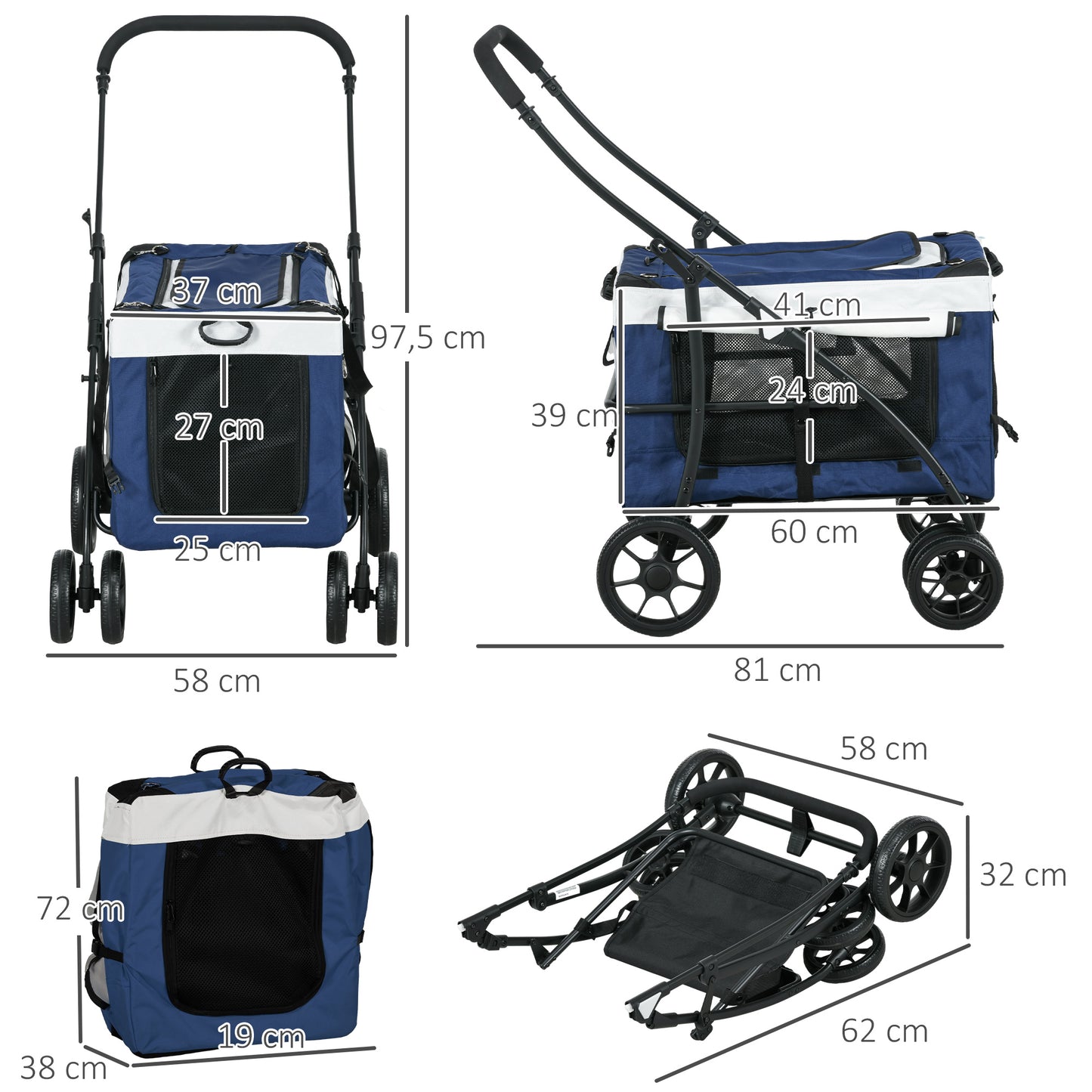 PawHut Carrinho para Animais de Estimação Carrinho para Cães Dobrável com Compartimento Desmontável 4 Portas com Fecho de Correr 2 Correias de Segurança e de Transporte 81x58x97,5 cm Azul