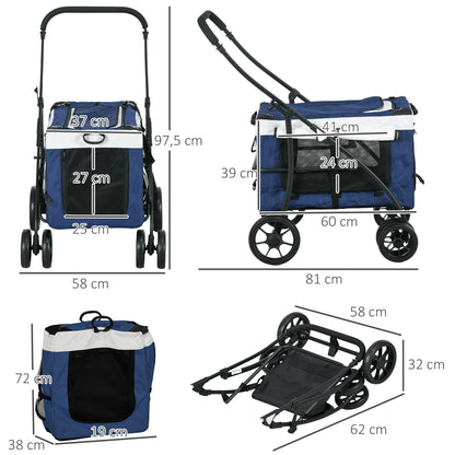 PawHut Carrinho para Animais de Estimação Carrinho para Cães Dobrável com Compartimento Desmontável 4 Portas com Fecho de Correr 2 Correias de Segurança e de Transporte 81x58x97,5 cm Azul