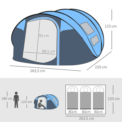 Outsunny Tenda de Campismo Pop-up para 4-5 Pessoas Tenda de Campismo Instantânea com Janelas Bolsos e Bolsa de Transporte Impermeável Anti-UV 263,5x220x123 cm Azul