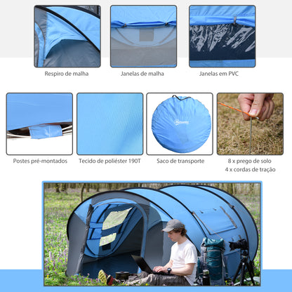 Outsunny Tenda de Campismo Pop-up para 4-5 Pessoas Tenda de Campismo Instantânea com Janelas Bolsos e Bolsa de Transporte Impermeável Anti-UV 263,5x220x123 cm Azul