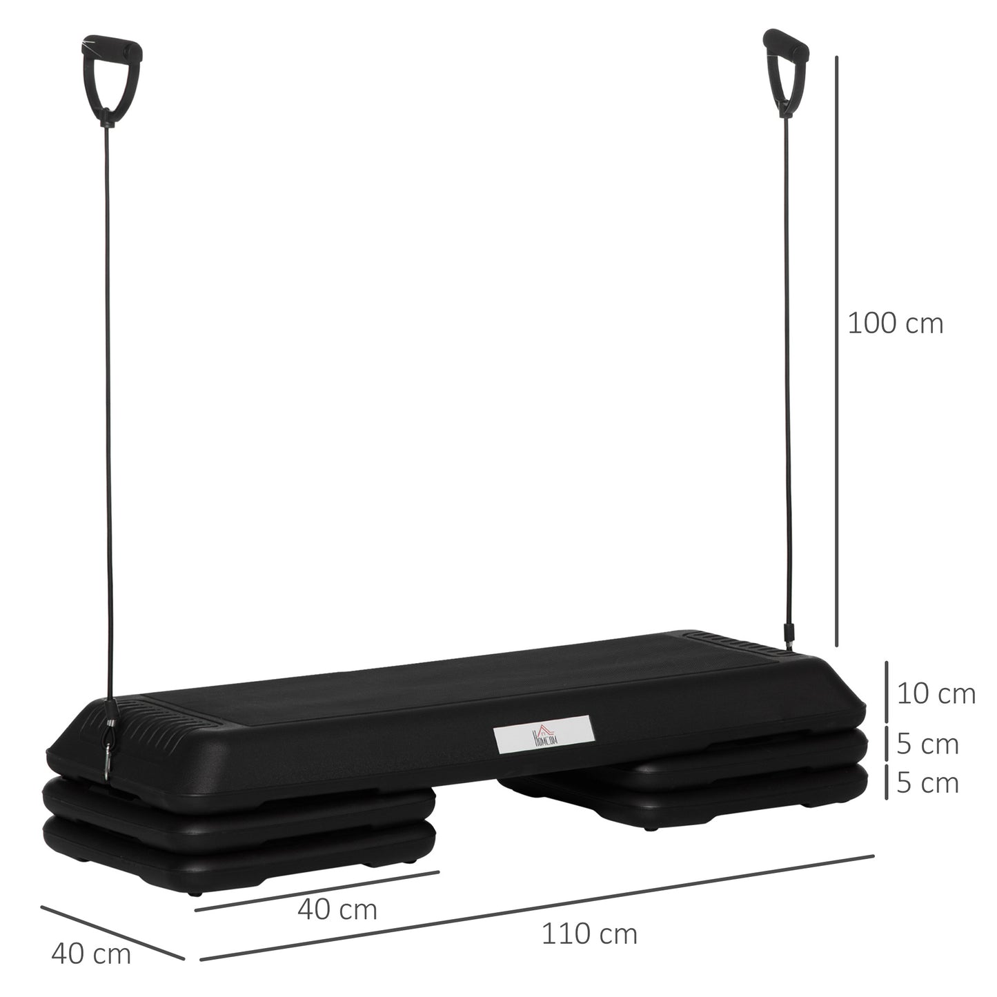 HOMCOM Step para Exercício Aeróbico Plataforma Step com Altura Ajustável em 3 Níveis com Cordas de Resistência Carga Máxima 120kg para Exercício em Academia Casa 110x40x10-20cm Preto