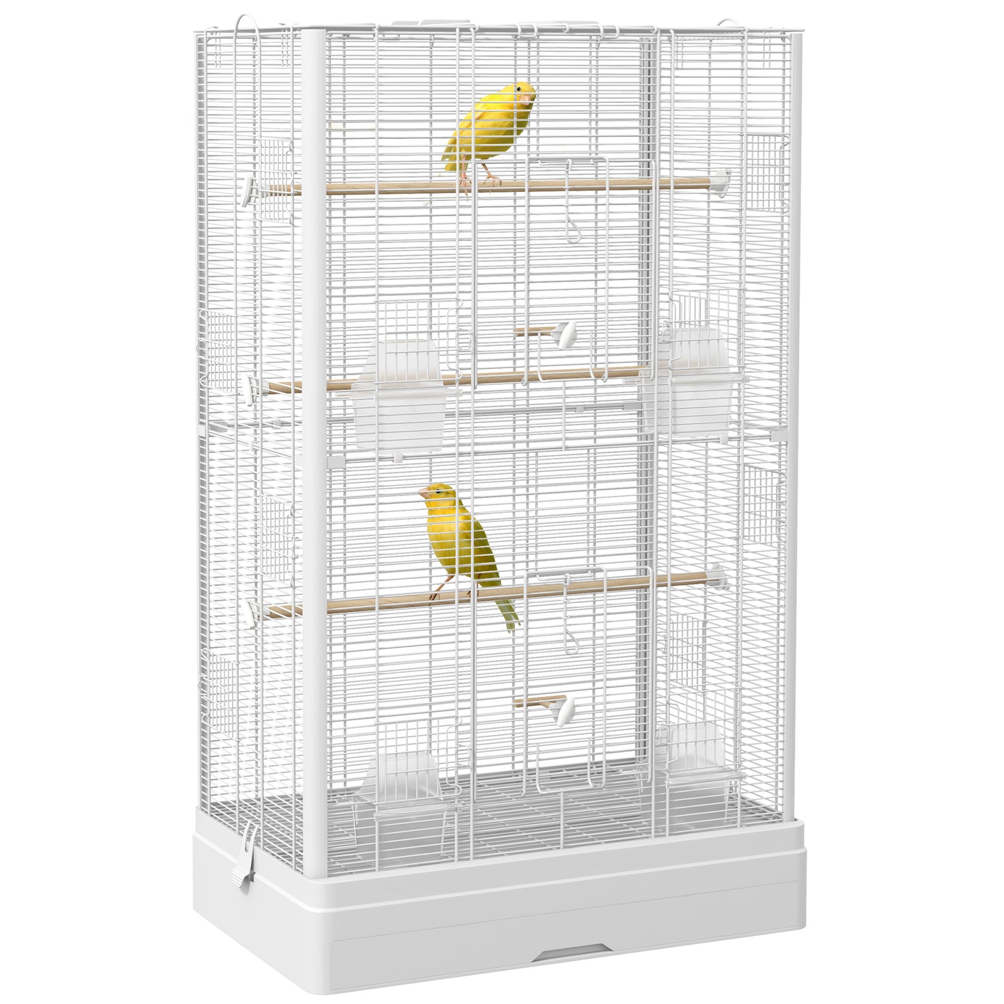 PawHut Gaiola para Pássaros 61x36,5x98 cm Gaiola para Aves com Portas Poleiros Bandeja Removível Caixas de Comida e Alças para Canários Periquitos Branco