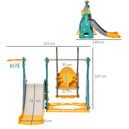 HOMCOM Escorega Infantil com Baloiço e Cesta de Basquetebol 3 em 1 para 18-36 Meses com Assento Ajustável Parque Infantil para Interior e Exterior 152x149x107cm Multicor