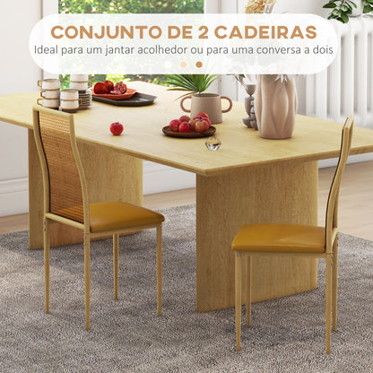 HOMCOM Conjunto de 2 Cadeiras de Sala de Jantar Cadeiras de Cozinha Modernas com Encosto em Vime PE Assento Estofado em Couro PU e Pés de Aço 40x50x97 cm Ocre