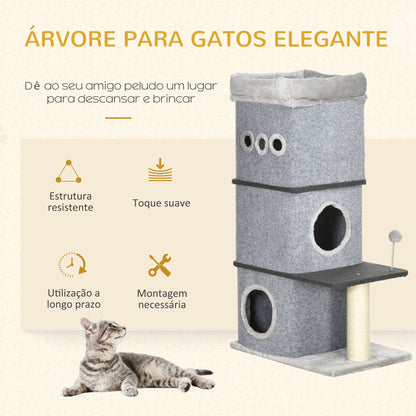 PawHut Arranhador em Forma de Cilindro para Gatos com 3 Níveis Altura 102cm Torre para Gatos com Casa de Feltro Desmontável Poste de Sisal Cama e Bola de Brincar 60x40x120cm Cinza