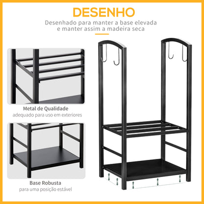 Outsunny Suporte para Lenha de 2 Níveis Porta Lenha Exterior e Interior Metálico com 4 Ferramentas para Lareira Carga Máx. 100kg 40x30x74,5cm Preto