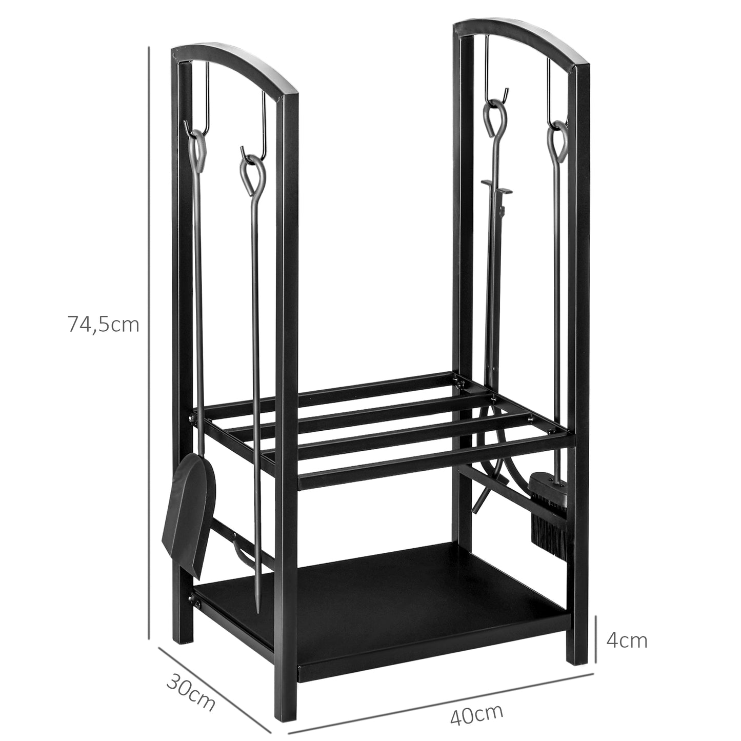 Outsunny Suporte para Lenha de 2 Níveis Porta Lenha Exterior e Interior Metálico com 4 Ferramentas para Lareira Carga Máx. 100kg 40x30x74,5cm Preto