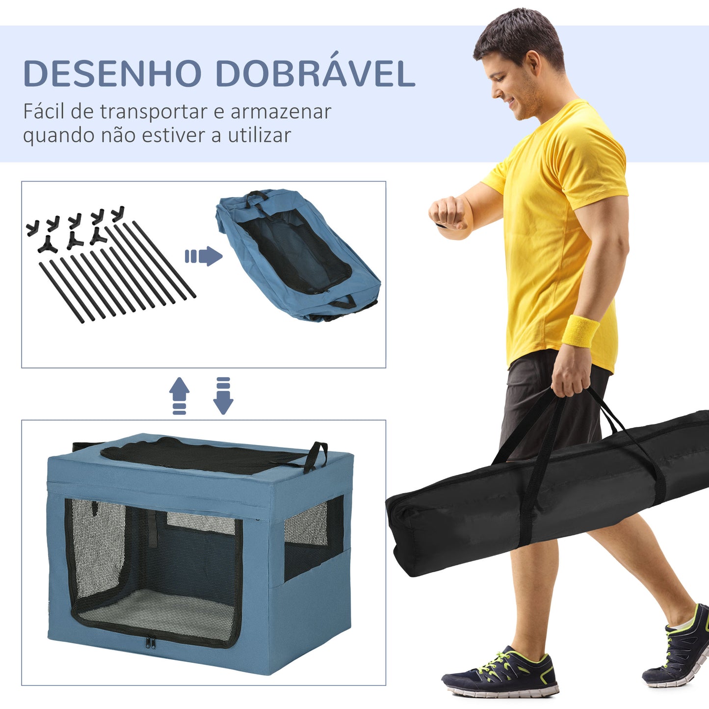 PawHut Transportadora para Cães e Gatos Bolsa Portátil e Dobrável para Animais de Estimação Transportadora com 3 Portas e Almofada Suave 69x51x51cm Azul