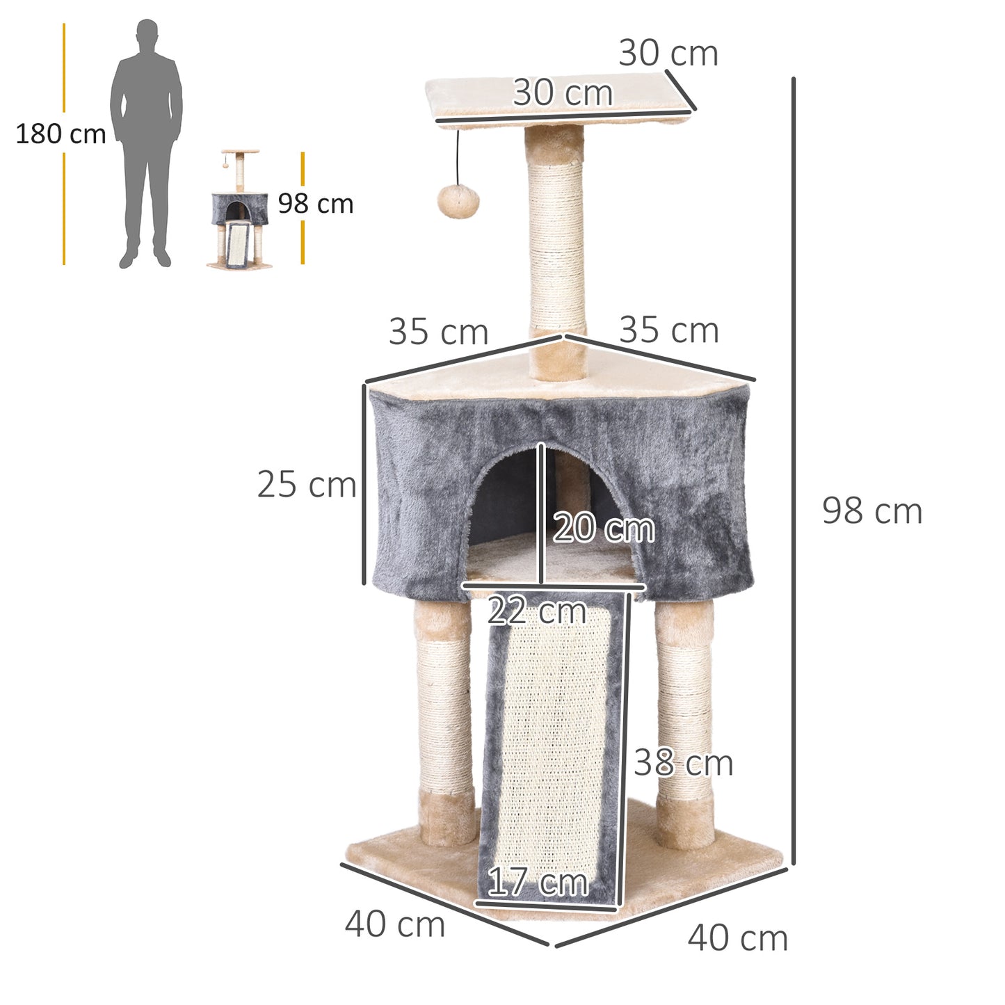 PawHut Árvore para gatos com caverna Brinquedo de suspensão Rampa de arranhões e pôsteres Raspadores Corda de sisal 40x40x98 cm Cinza e bege