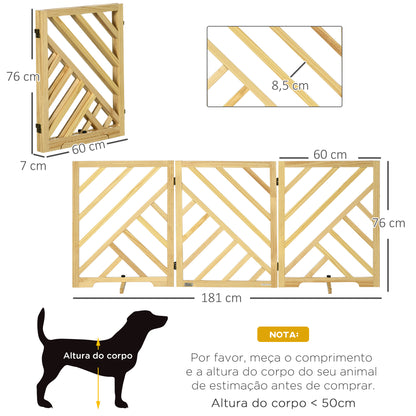 PawHut Barreira de Segurança Dobrável para Cães Grade de Madeira para Escadas e Portas de 3 Painéis com Base Antiderrapante e Pés 181x35x76cm Madeira