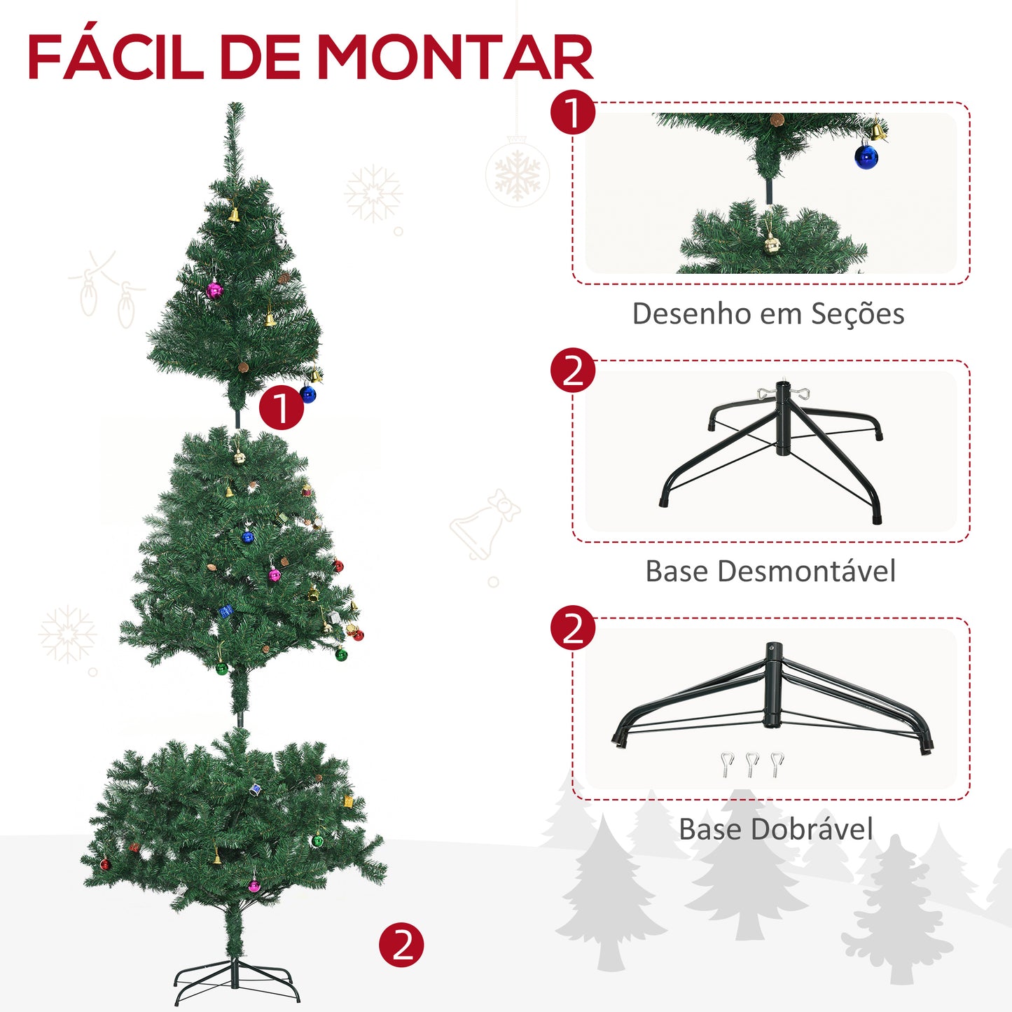 HOMCOM Árvore de Natal Artificial 210cm Ignífugo com 1036 Ramos 53 Decorações Folhas de PVC e Suporte Metálico Decoração de Natal para Interior Verde