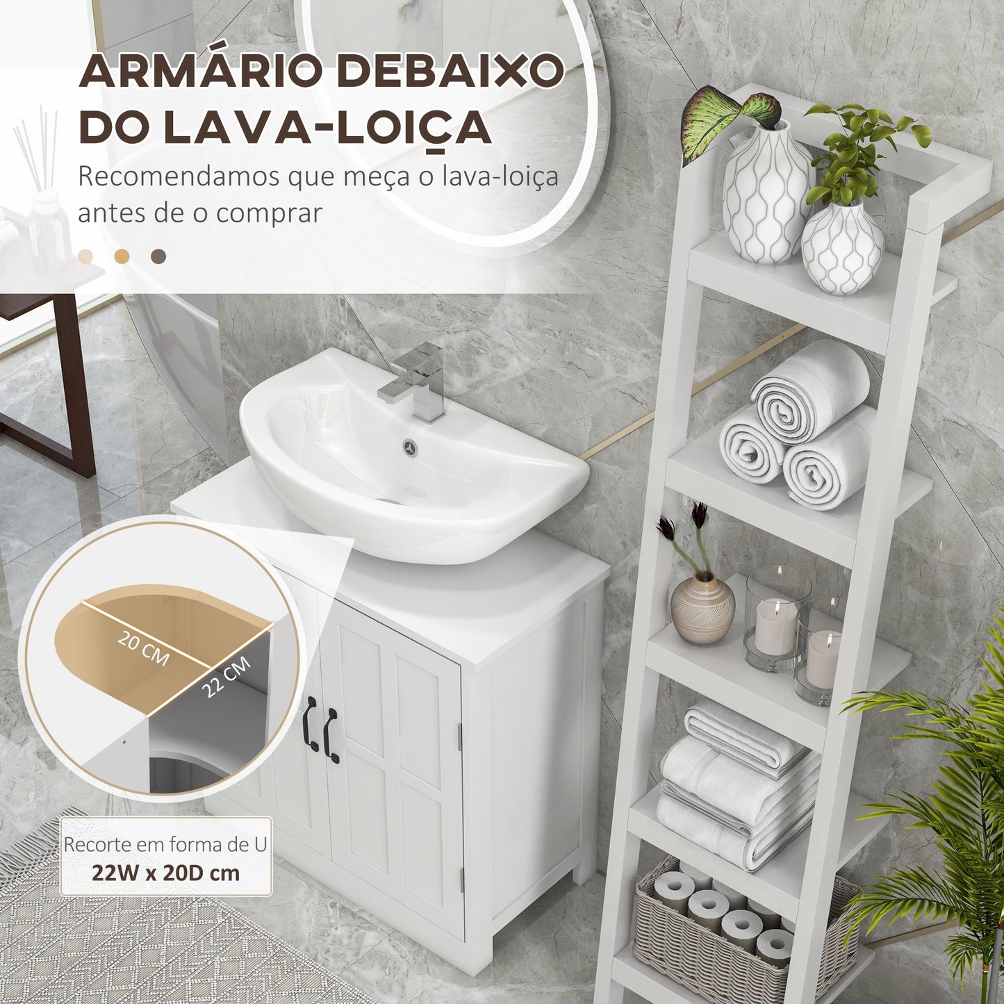 kleankin Móvel para Lavatório Pousar Armário para Casa de Banho com 2 Portas e Prateleira Interior Ajustável Capacidade 20 kg 60x30x60 cm Branco