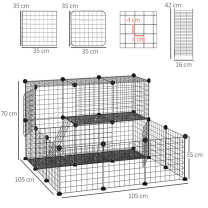 PawHut Recinto para Pequenos Animais DIY com 24 Painéis Recinto para Animais de Estimação com Grade Metálica Recinto Modular para Coelhos Chinchilas 105x105x70cm Preto