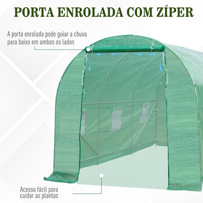 Outsunny Estufa Túnel 445x190x200 cm Estufa de Jardim com 6 Janelas 1 Porta e Cobertura de Polietileno PE 140 g/m² para Cultivo de Plantas Legumes Frutas no Terraço Pátio Verde