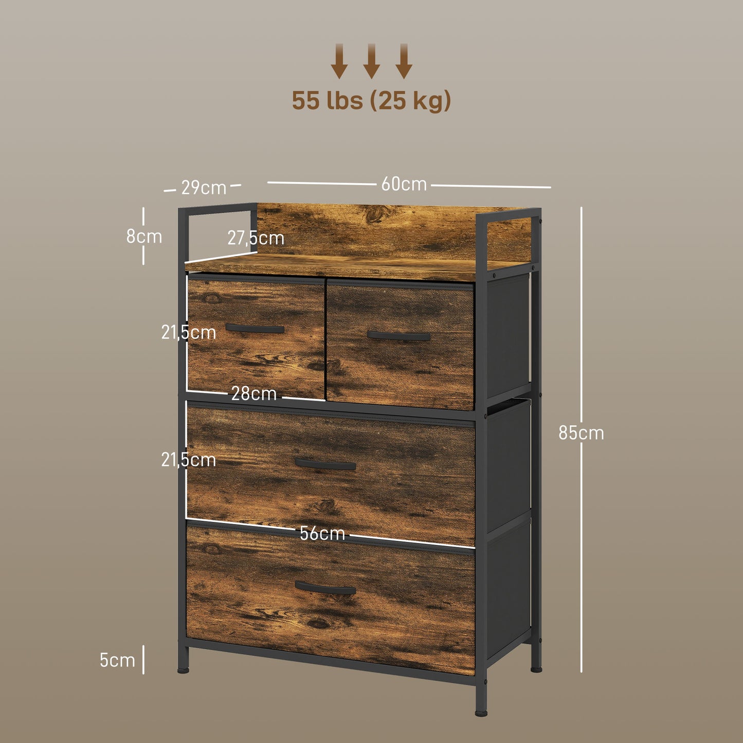 HOMCOM Cómoda de Quarto Armário de Armazenamento com 4 Gavetas Dobráveis Prateleira Aberta e Estrutura de Aço para Sala Entrada 60x29x85 cm Castanho Rústico