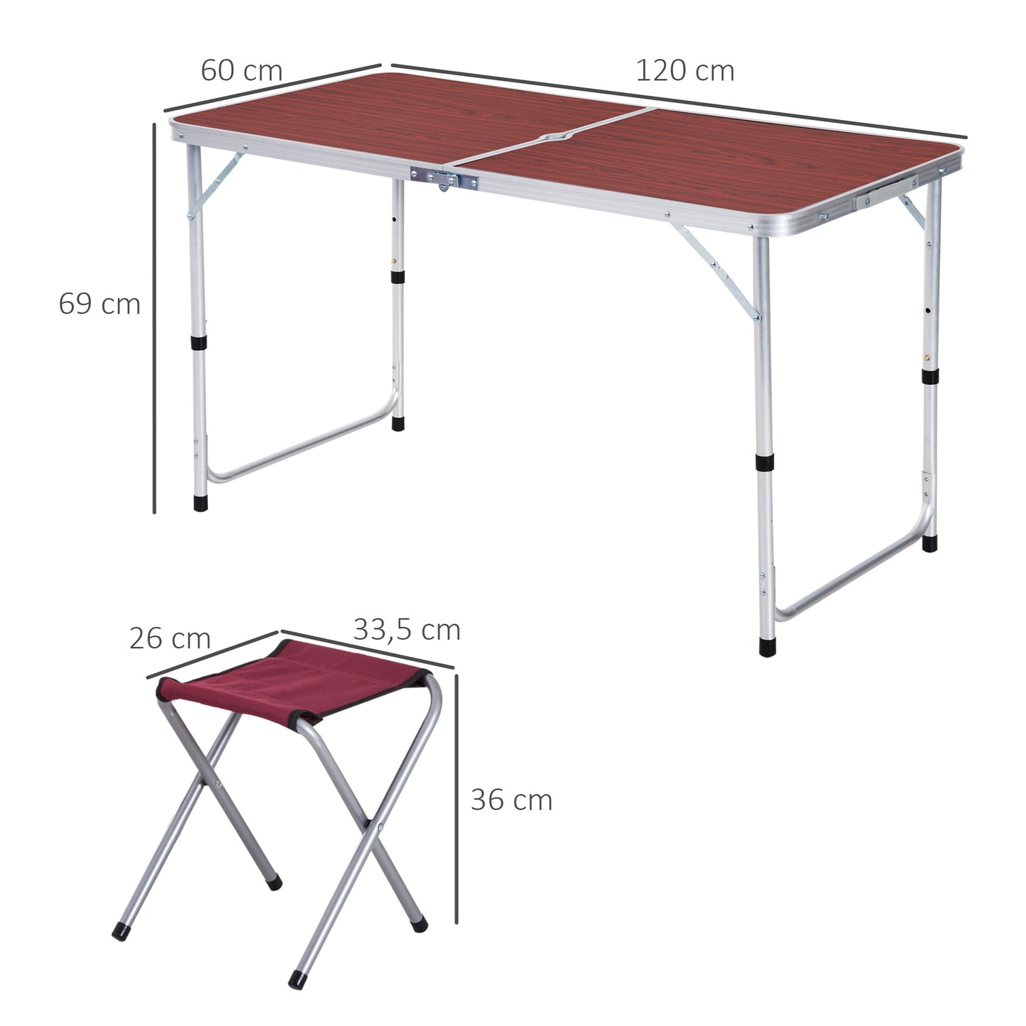 Outsunny Mesa Maleta de Alumínio com 4 Bancos Conjunto para Acampamento Dobrável Portátil com Altura Ajustável Jardim Terraço 120x60x69cm Marrom e Vermelho