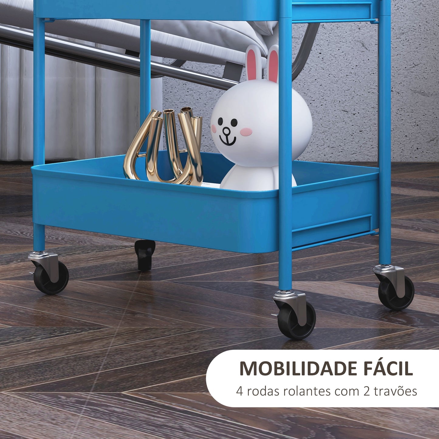 HOMCOM Carrinho Auxiliar de 3 Níveis com Rodas Carrinho de Armazenamento Deslizante com 3 Prateleiras 4 Rodas e 2 Travões para Cozinha Sala 45x30.6x79 cm Azul Escuro