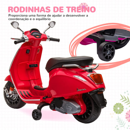 AIYAPLAY Moto Elétrica para Crianças de 3-6 Anos com Licença Vespa Motocicleta de Bateria 6V com USB MP3 Luz LED Rádio FM Moto para Crianças com Velocidade 3 km/h Carga 35 kg Vermelho