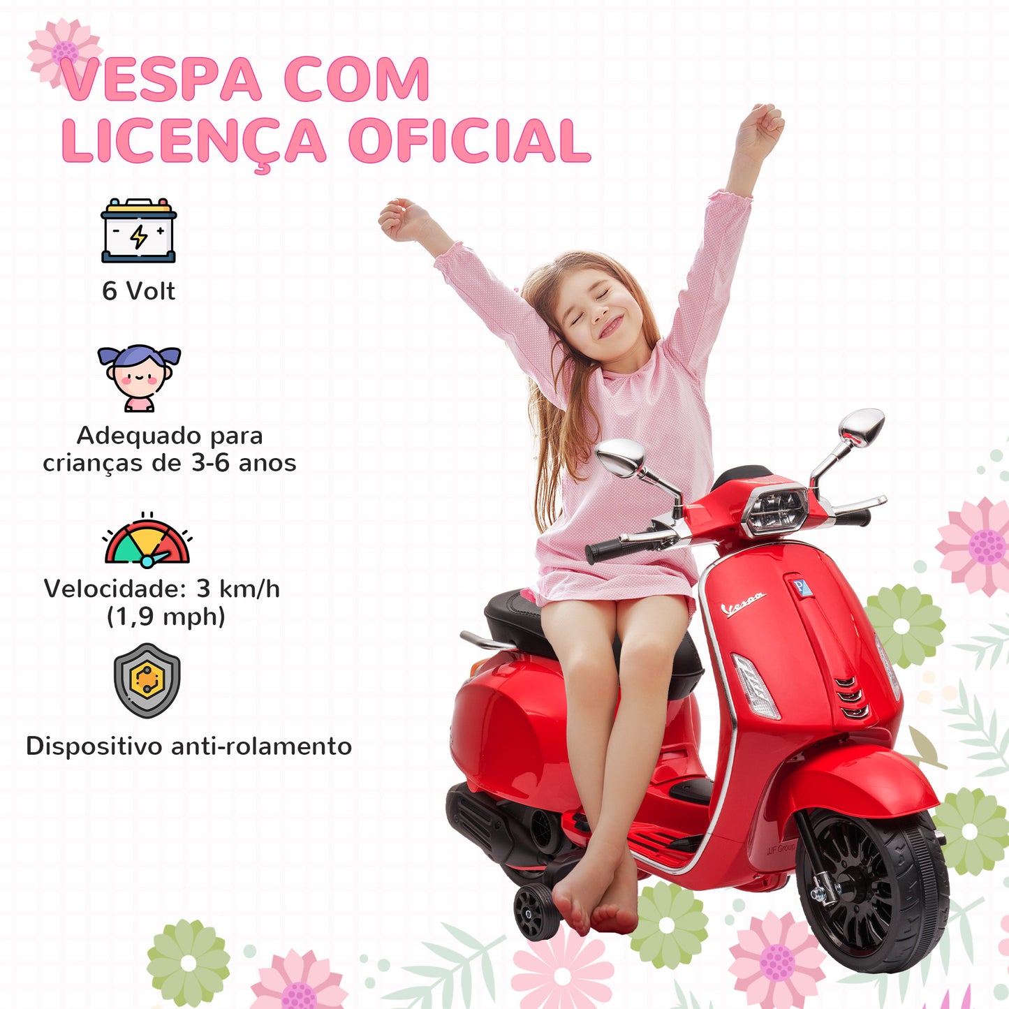 AIYAPLAY Moto Elétrica para Crianças de 3-6 Anos com Licença Vespa Motocicleta de Bateria 6V com USB MP3 Luz LED Rádio FM Moto para Crianças com Velocidade 3 km/h Carga 35 kg Vermelho