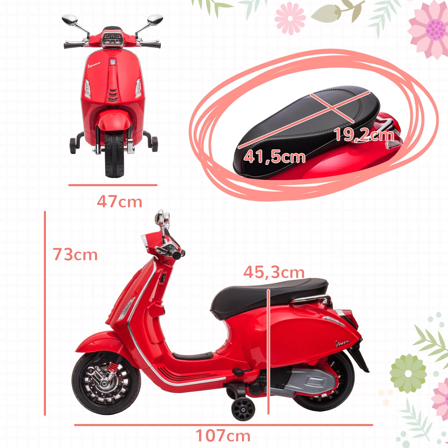 AIYAPLAY Moto Elétrica para Crianças de 3-6 Anos com Licença Vespa Motocicleta de Bateria 6V com USB MP3 Luz LED Rádio FM Moto para Crianças com Velocidade 3 km/h Carga 35 kg Vermelho