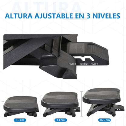 Apoio para os pés multifuncional com plataforma de superfície antiderrapante Inclinação 0-30 ° Massagem 3 níveis de altura ajustável Adequado para escritório em casa Preto 45x34x (10-16,5) cm