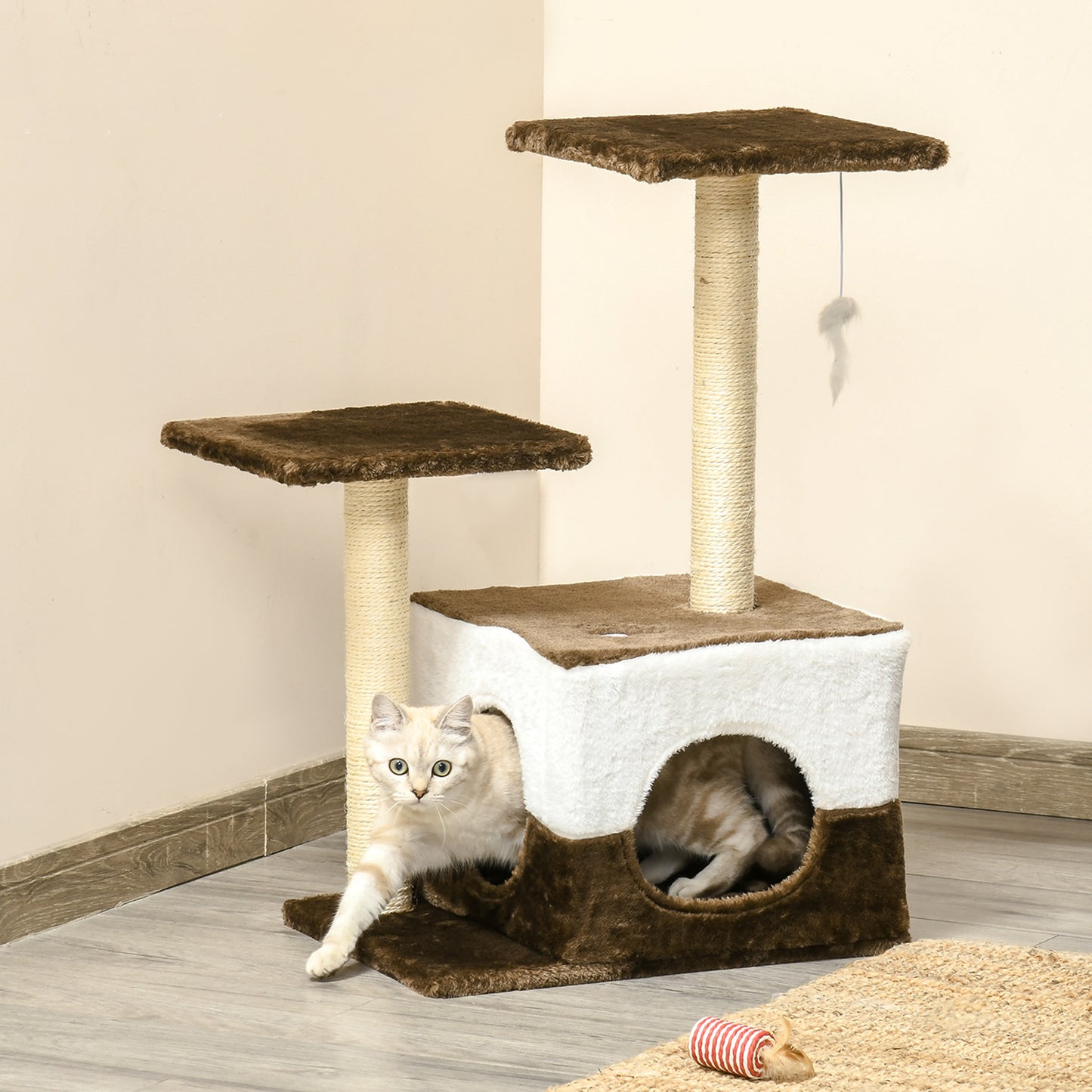 PawHut Árvore Arranhadora para Gatos Altura 70cm com Caverna de Pelúcia Suave 2 Plataformas Postes Arranhadores de Sisal Natural e Brinquedo Suspenso 45x33x70cm Marrom