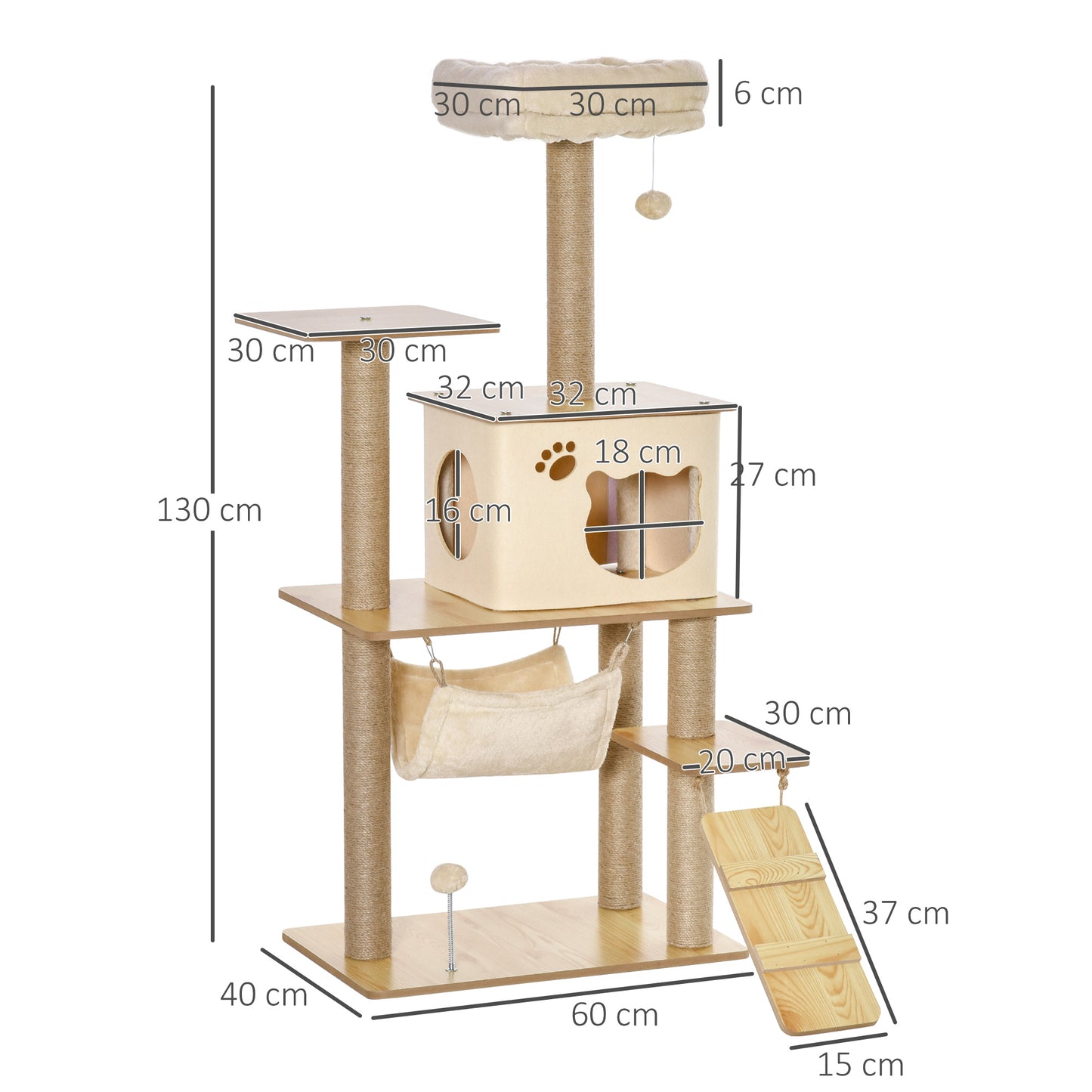 PawHut Árvore Arranhadora para Gatos Torre de Escalada com Plataformas Rede Escada Caverna Postes para Arranhar de Juta Bola Supensa e Descanso 60x40x130cm Bege