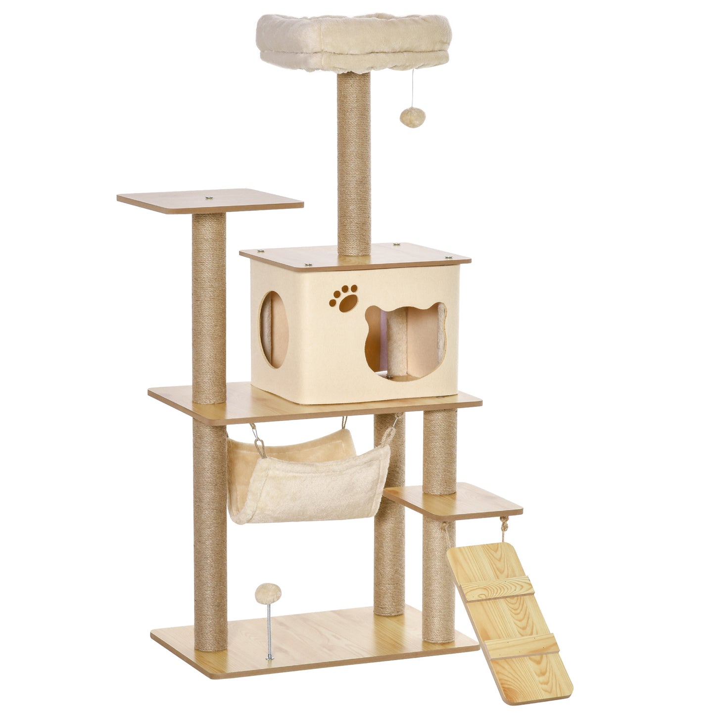 PawHut Árvore Arranhadora para Gatos Torre de Escalada com Plataformas Rede Escada Caverna Postes para Arranhar de Juta Bola Supensa e Descanso 60x40x130cm Bege