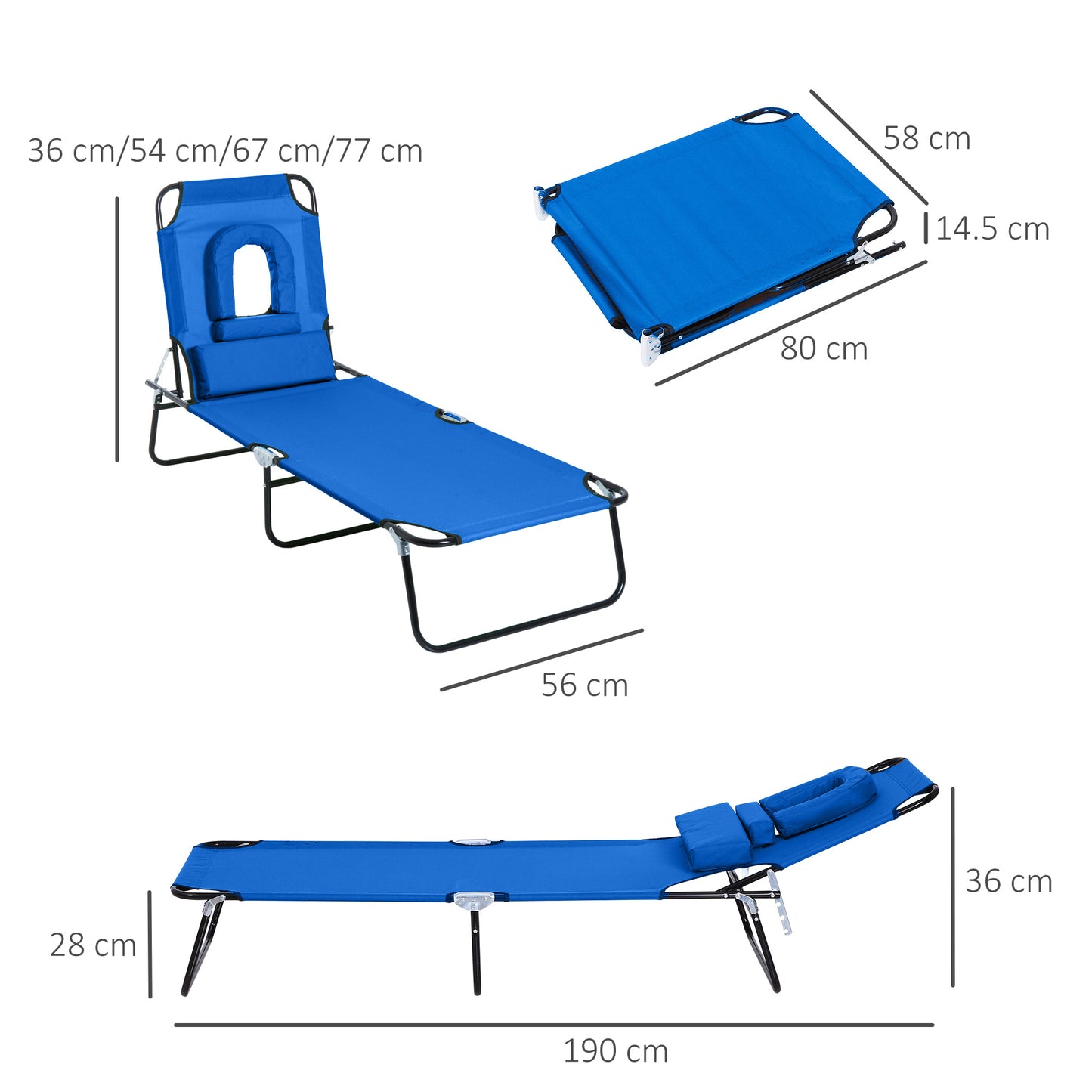 Outsunny Espreguiçadeira Dobrável com Encosto Ajustável em 4 Posições Espreguiçadeira de Jardim com Almofada Estrutura de Aço Tecido Oxford para Acampamento Praia Terraço 190x56x28cm Azul