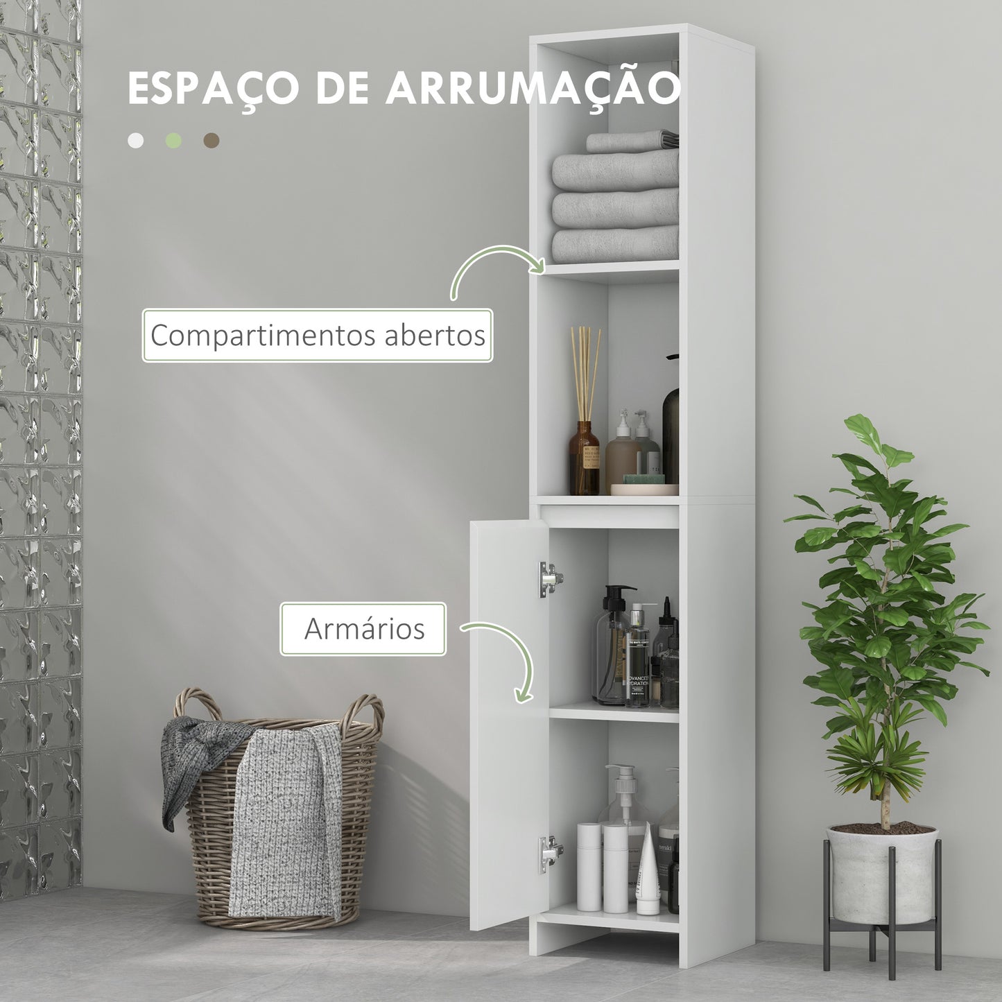 HOMCOM Coluna Casa de Banho Armário Alto Casa de Banho com Porta 2 Prateleiras Abertas Anti-Tombo Estilo Moderno 30x30x160 cm Branco